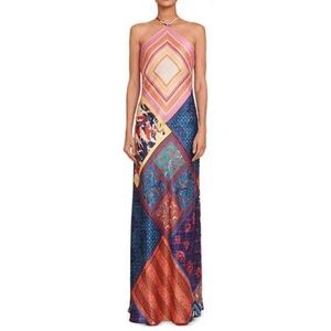 STAUD Cubism Patchwork Print Satin Maxi Dress Halter Sheath Size M